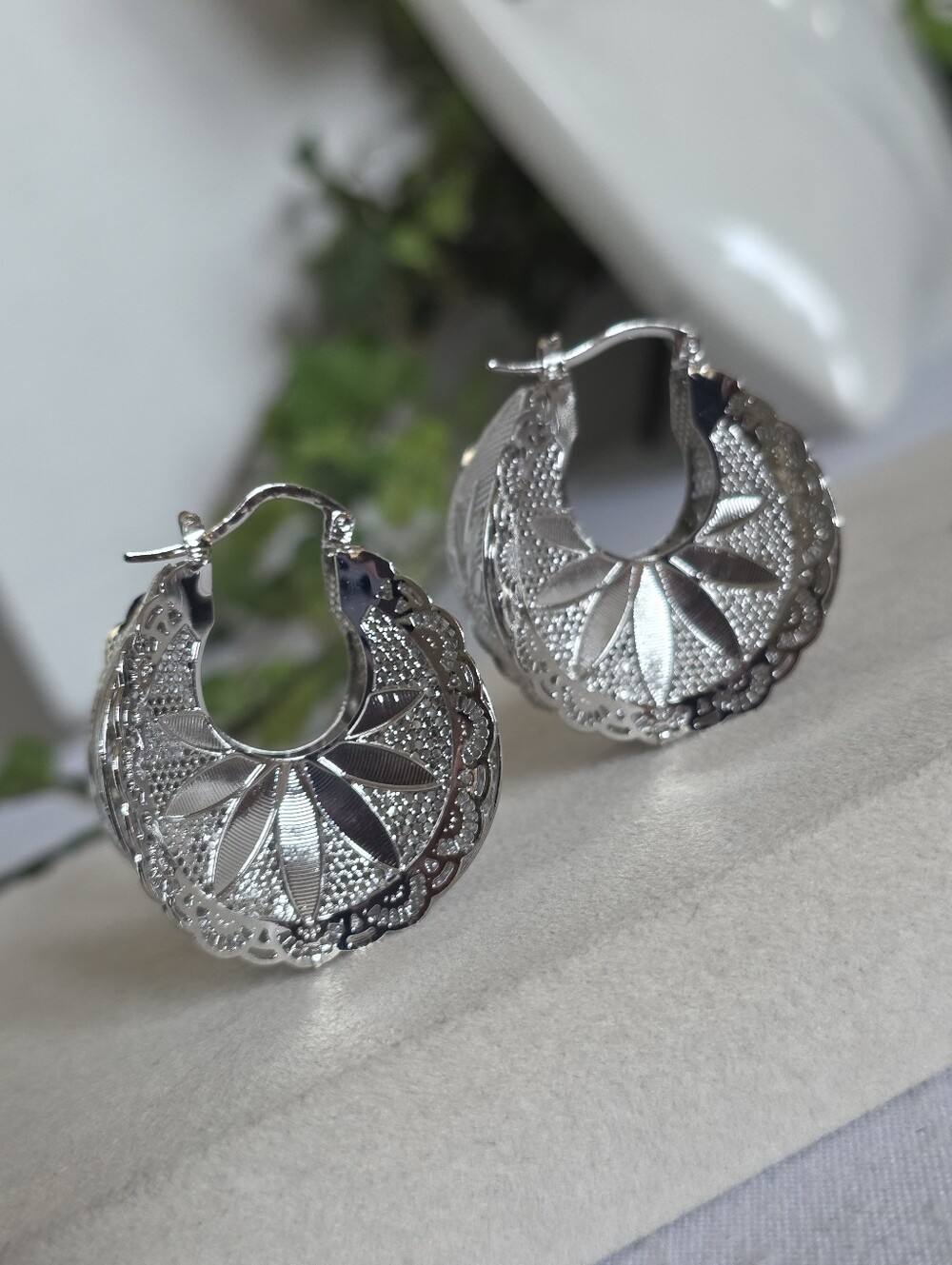 White Gold Filled Filigree Hoop Earrings Textured Floral Detail Basket